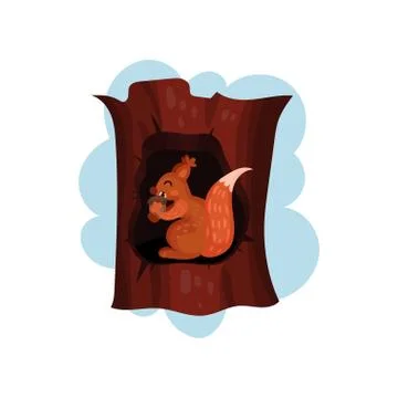 Cute squirrel sitting in hollow of tree, hollowed out old tree and animal inside Stock Illustration