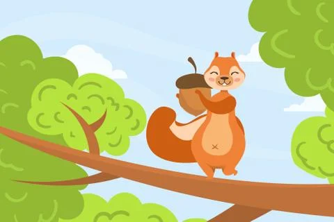 Cute Squirrel Sitting on Three Branch with Acorn, Adorable Wild Animal Character イラスト素材