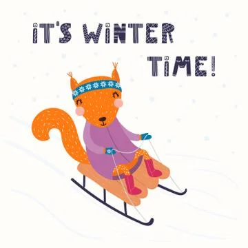 Cute squirrel sledding in winter Stock Illustration