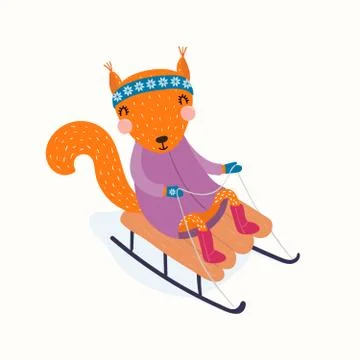 Cute squirrel sledding in winter Stock Illustration