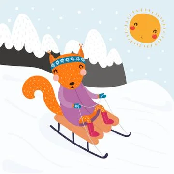 Cute squirrel sledding in winter Stock Illustration