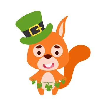 Cute squirrel in St. Patrick's Day leprechaun hat holds shamrocks. Irish holi Stock Illustration
