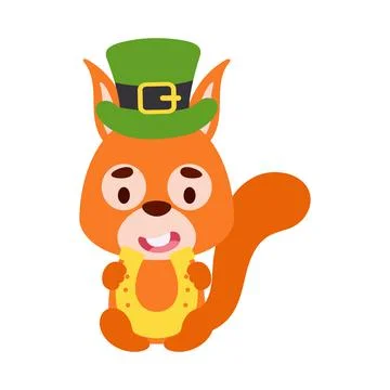 Cute squirrel St. Patrick's Day leprechaun hat holds horseshoe. Irish holiday Stock Illustration