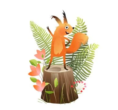Cute Squirrel on Tree Happy Character Kids Clipart Stock Illustration