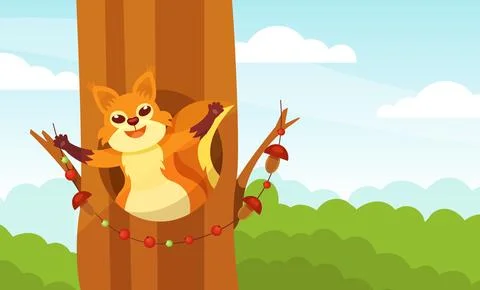 Cute Squirrel in Tree Hollow Peeking and Smiling Vector Illustration Stock Illustration