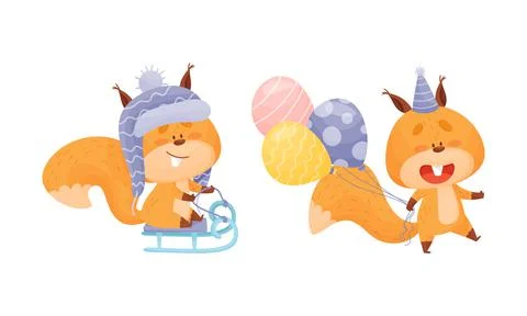 Cute squirrel various activities set. Funny forest animal characters enjoying 스톡 일러스트