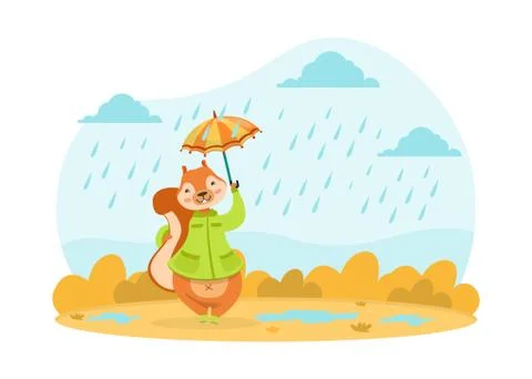 Cute Squirrel Walking with Umbrella under the Rain, Adorable Wild Animal Stock Illustration