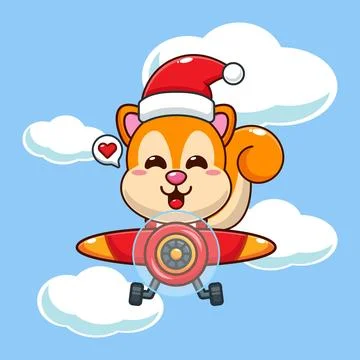 Cute squirrel wearing santa hat fly with plane in Christmas day. Stock Illustration