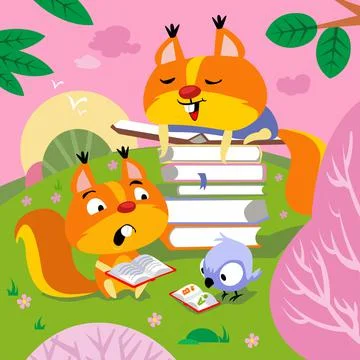 Cute squirrels are reading in spring meadow. Background with flowering trees Stock Illustration