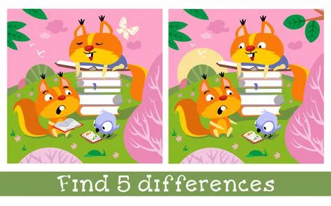 Cute squirrels are reading in spring meadow. Find 5 differences. Game for Stock Illustration