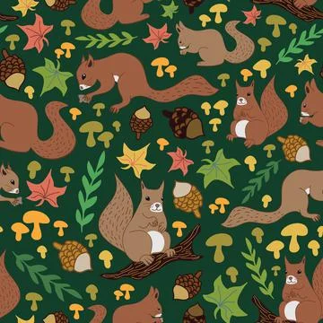 Cute squirrels autumn seamless vector pattern background Stock Illustration
