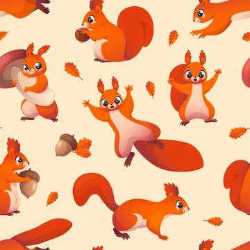Cute squirrels seamless pattern. Cartoon funny animals characters, forest red 스톡 일러스트