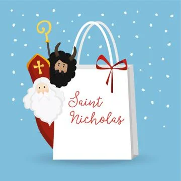 Cute St. Nicholas with devil and falling snow. Christmas invitation, greeting Stock Illustration