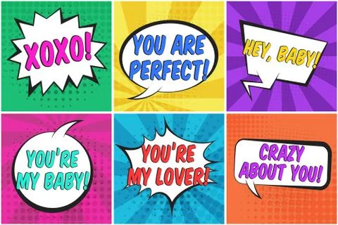 Cute St. Valentines retro comic speech bubbles set Stock Illustration