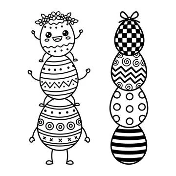 Cute Stacked Easter Eggs Character And Pattern Coloring Clipart Set Stock Illustration