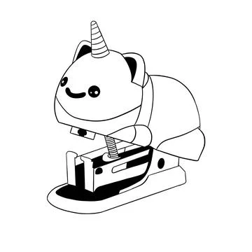 Cute stapler in the form of a unicorn drawn in ink on a white background Illustrazione stock