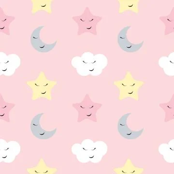 Cute Star, Cloud and Moon Seamless Pattern Background Vector Illustration 스톡 일러스트