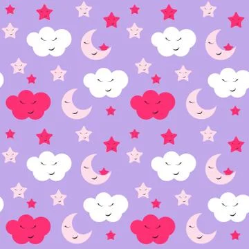 Cute Star, Cloud and Moon Seamless Pattern Background Vector Illustration Stock Illustration