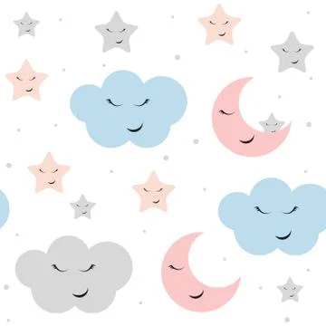Cute Star, Cloud and Moon Seamless Pattern Background Vector Illustration Illustrazione stock