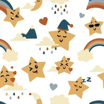 Cute star pattern. Seamless print with kawaii sky characters emoticon イラスト素材