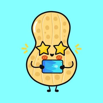 Cute star struck peanut character holding mobile phone Stock Illustration