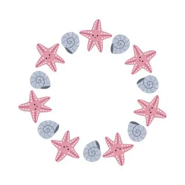 Cute Starfish and Seashell Round Frame Vector Illustration イラスト素材