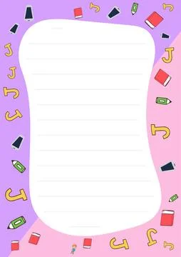 Cute stationery design featuring lined paper surrounded by playful books pencils Stock Illustration