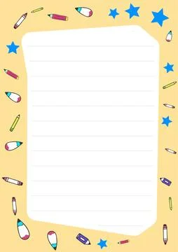 Cute stationery design featuring a lined notepad framed by colorful pencils and Stock Illustration