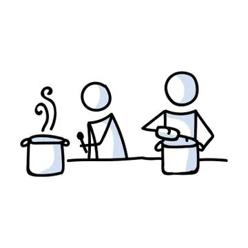 Cute stick figure two chef cooking recipe lineart icon. Dinner preparation Stock Illustration