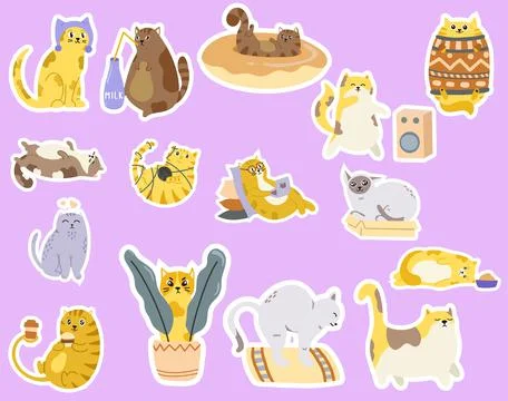 Cute sticker cat in different poses isolated on pink background Illustrazione stock
