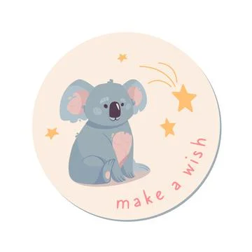 .Cute sticker with a koala. Funny bear in cartoon style, stars are falling Stock Illustration