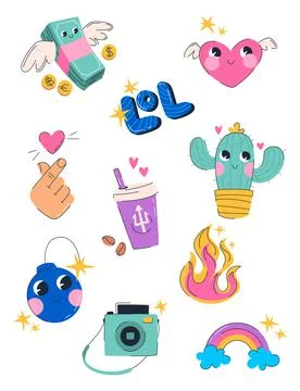 Cute sticker pack with hipster elements. Big creative set including cactus, f Stock Illustration