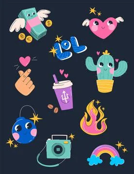 Cute sticker pack with hipster elements. Big creative set including cactus, f Stock Illustration