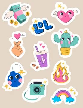 Cute sticker pack with hipster elements. Big creative set including cactus, f Illustrazione stock