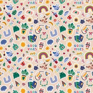 Cute sticker pattern, doodle print. Fun backdrop with candy and food, sweets and Illustrazione stock