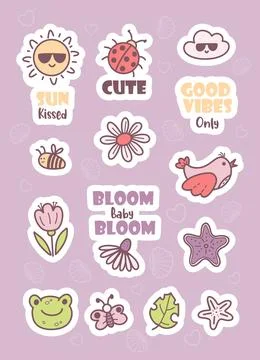 Cute Sticker Set, Hand Drawn Elements with Flowers, Ladybug, Bee, Sun, Hear.. 스톡 일러스트