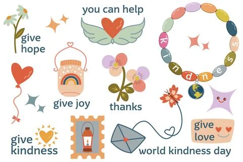 A cute sticker set with kindness thanks and love. Concepts of love, gratitude Stock Illustration
