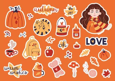Cute stickerpack with Cozy autumn elements and trendy lettering, cartoon styl Stockillustratie