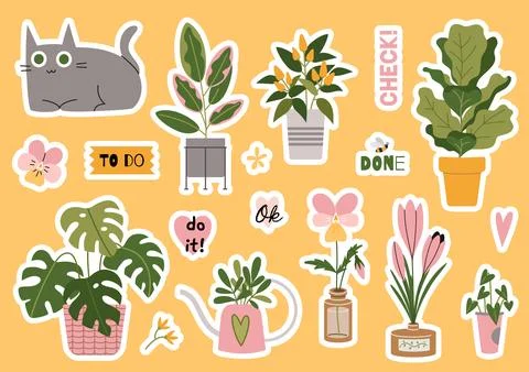 Cute stickerpack with natural plant elements and trendy lettering, cartoon .. Stock Illustration