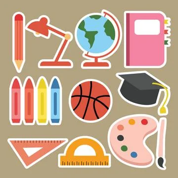 Cute stickers featuring various school and art supplies.The collection incl.. Stock Illustration