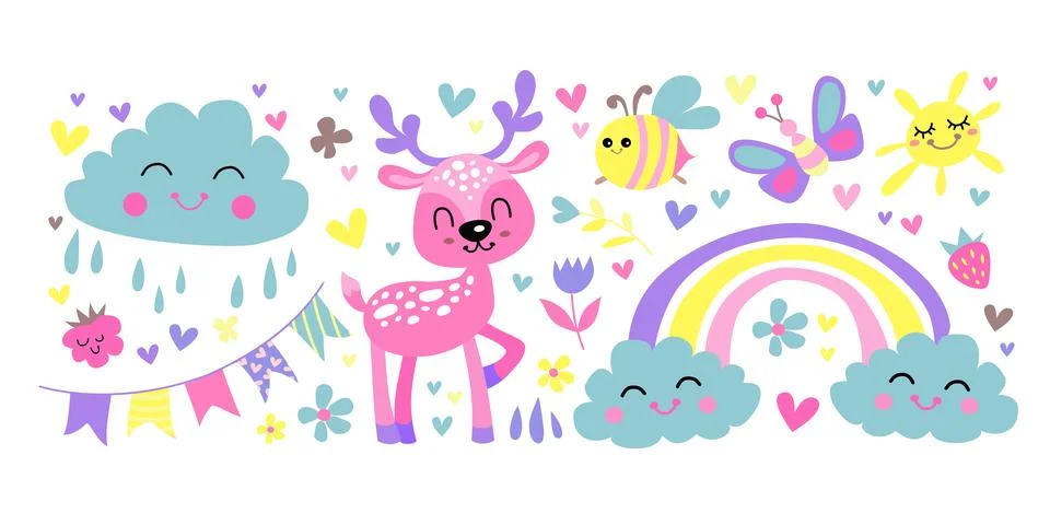 Cute stickers Flat. Vector set with animals, cloud and flowers. Colorful il.. Stock Illustration