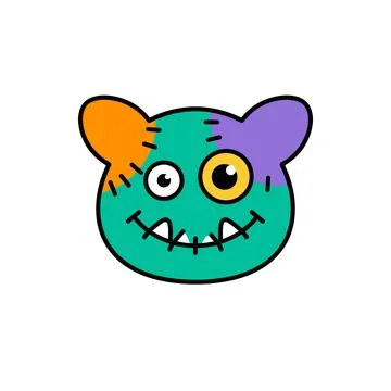 A cute, stitched monster face with mismatched ears and a wide smile. Isolated Stock Illustration