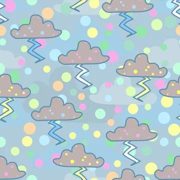 Cute Storm Cloud Repeat Pattern With Vibrant Polka Dots And Lightening Strike Stock Illustration