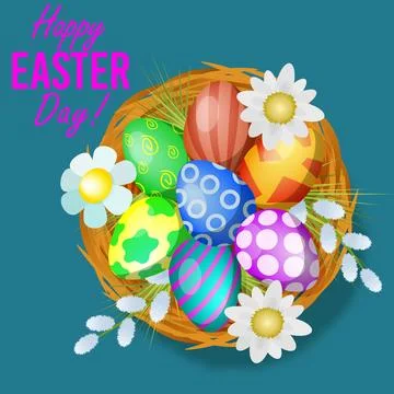 Cute straw nest with eggs and easter flowers on a blue background Stock Illustration