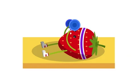 Cute strawberry character doing bench press workout with barbell animation loop Stock Footage 114993823