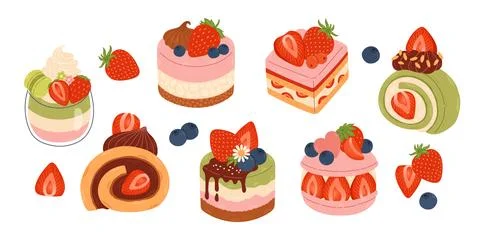 Cute strawberry dessert flat vector. Set of delicious sweets and desserts with Stock Illustration