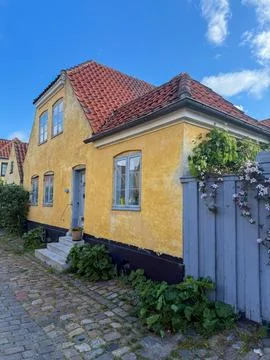 Cute street with tiny yellow traditional houses in Dragor town in Denmark Foto stock