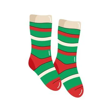 Cute striped red and green Christmas socks hanging on clothesline vector illu Stock Illustration