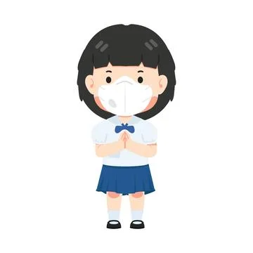 Cute student boy wearing face mask greeting sawasdee Stock Illustration