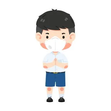 Cute student boy wearing face mask greeting sawasdee Stock Illustration